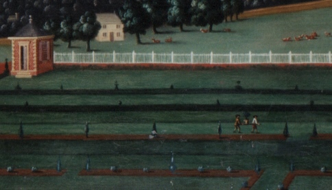 Halswell, painted c. 1710, with gardens carrying potted trees into position in the formal layout. 
