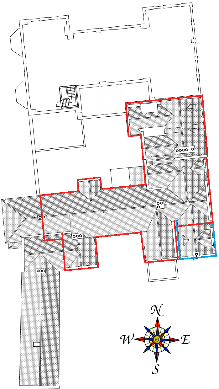 The roof plans of Halswell, courtesy of Claire Fear of Architectural Thread Ltd. The areas highlighted in red correspond to the Tudor Great Hall, which takes up the northern half of the east range, the 1590’s south range and the three gabled additions to the Great Hall in the east of the courtyard.