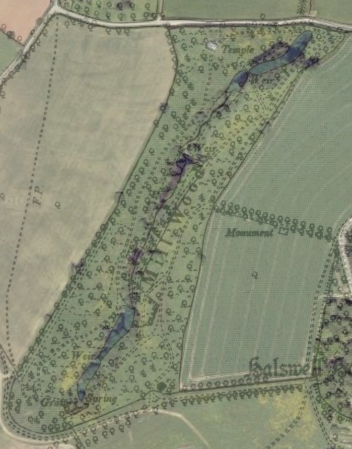 Mill Wood as seen by overlaying a 2015 aerial photograph with the 1897 Ordnance Survey map. These pathways through the woodland will be restored. 