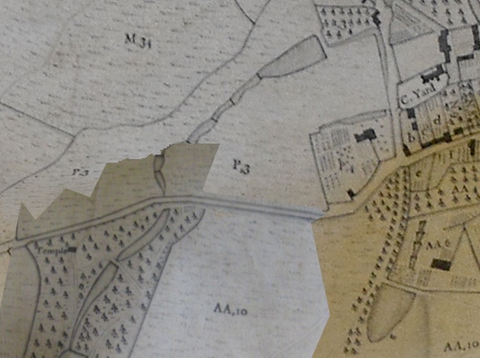 1771 Estate map by William Day. The roadside cascade is on the southern side of the road that passes the northern end of Mill Wood, near to where the Temple of Harmony is marked on the left of this map.