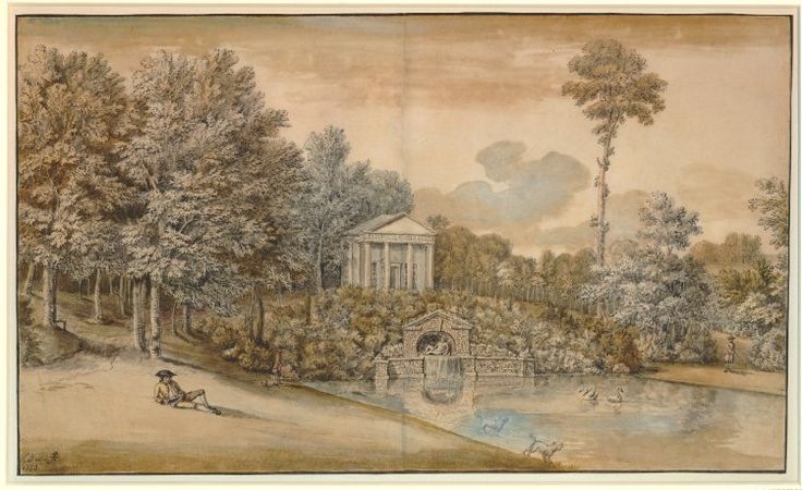 Coplestone Warre Bampfylde of Hestercombe, Temple of Flora at Stourhead (originally called the Temple of Ceres). This picture pre-dates the building of the Stourhead dam in 1754.